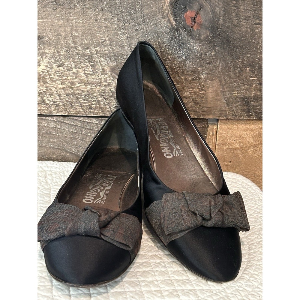 Salvatore Ferragamo Women's Black Silk Ballet Flats with Brown Satin Bow 8